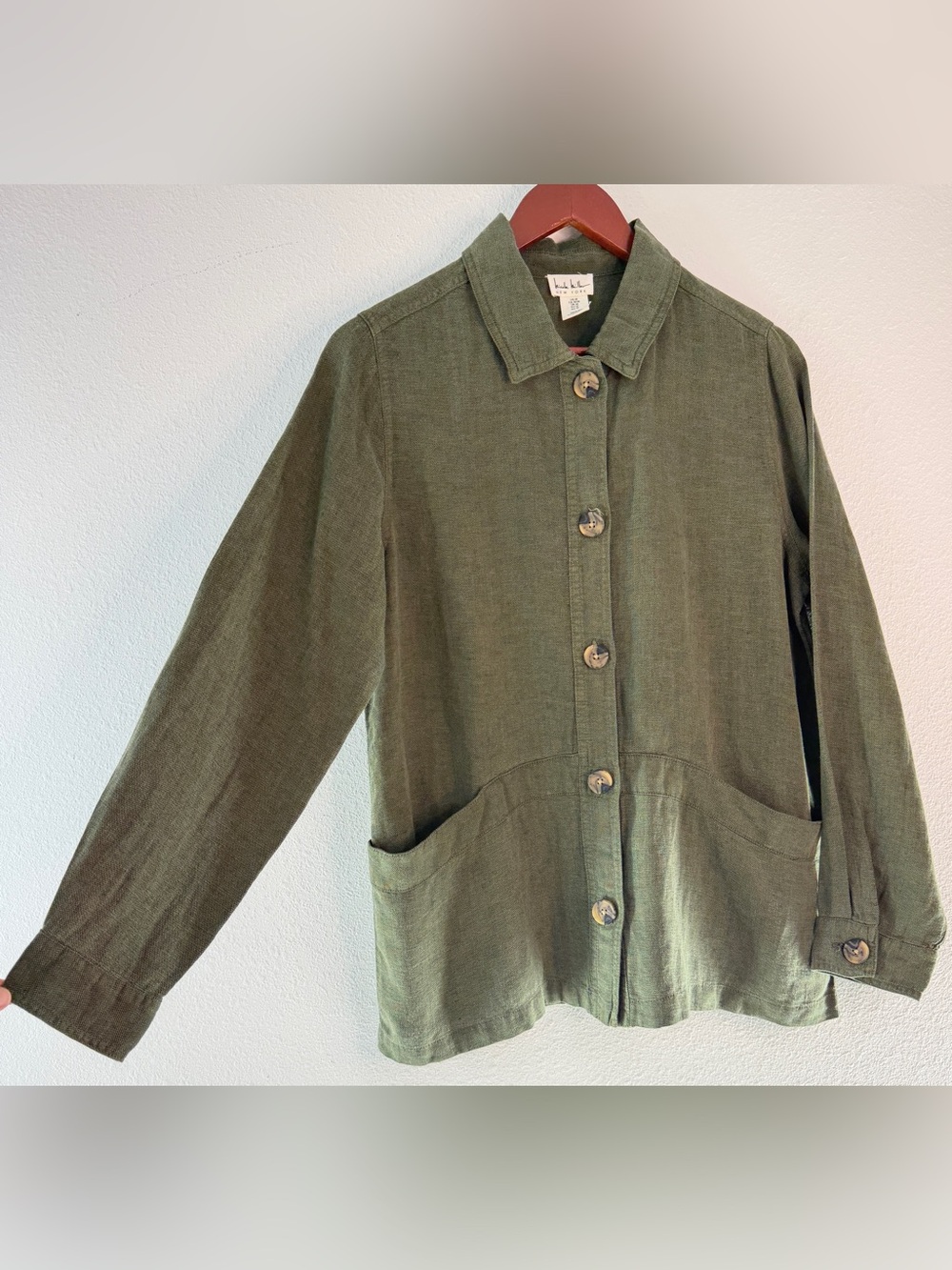 Nicole Miller Linen Lyocell Green Shacket Jacket Pockets Boho Cottagecore Grunge